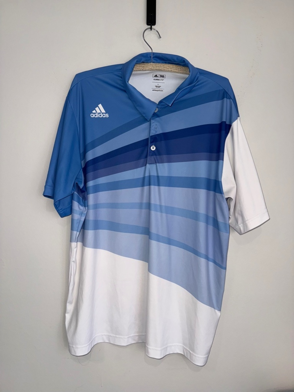 ADIDAS GOLF Mens Large Blue White Short Sleeve Performance Polo Shirt TT13